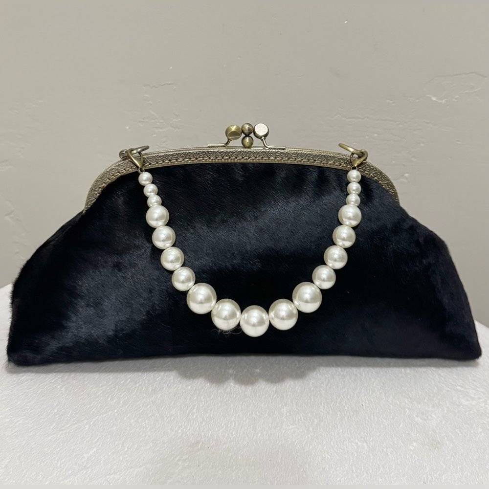 Black Real Hair-on-horsehide Handsewn Double Kiss-lock Clutch Bag/Crossbody